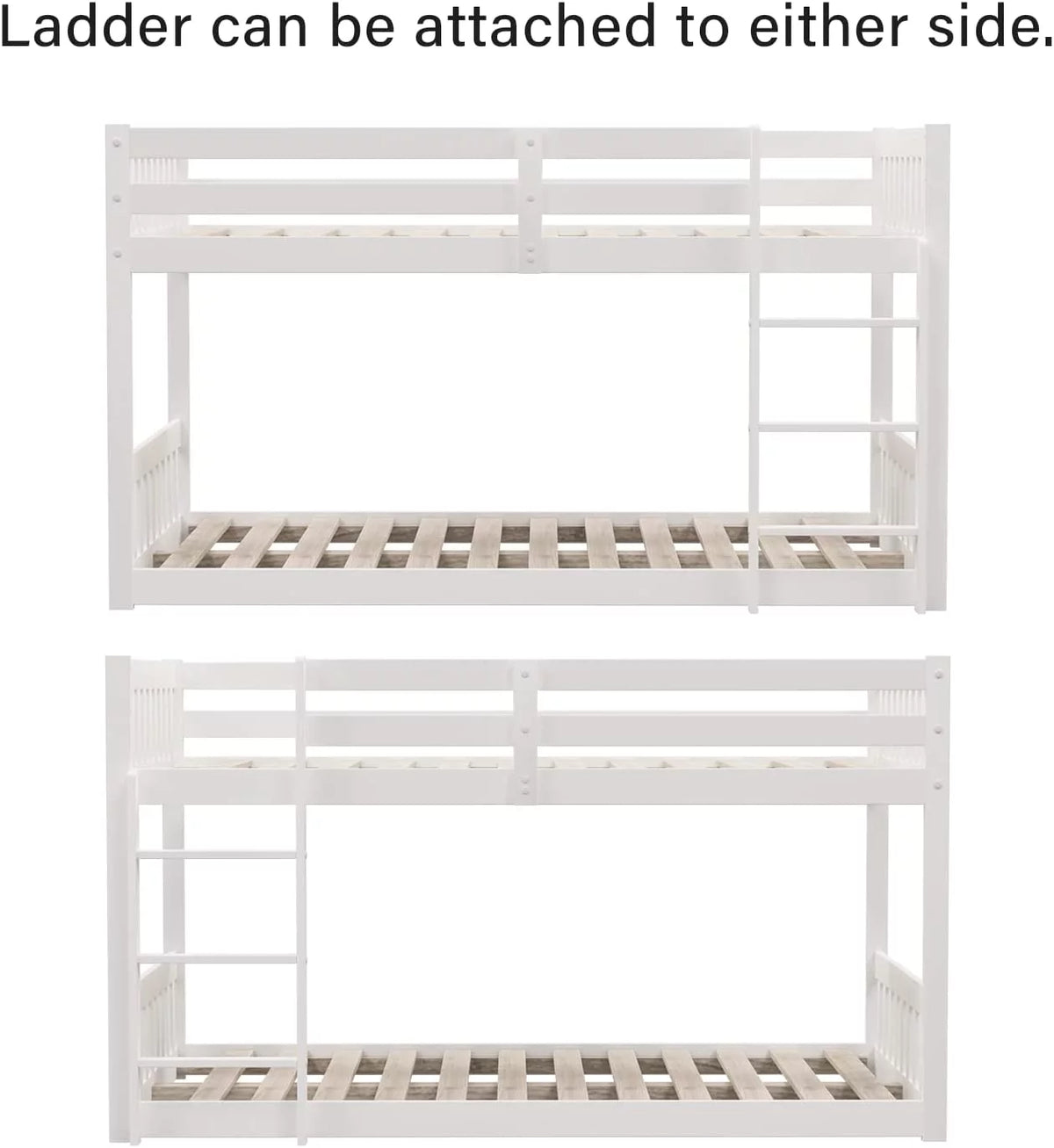 White Wood Twin Over Twin Bunk Bed with Guardrails & Ladder N873