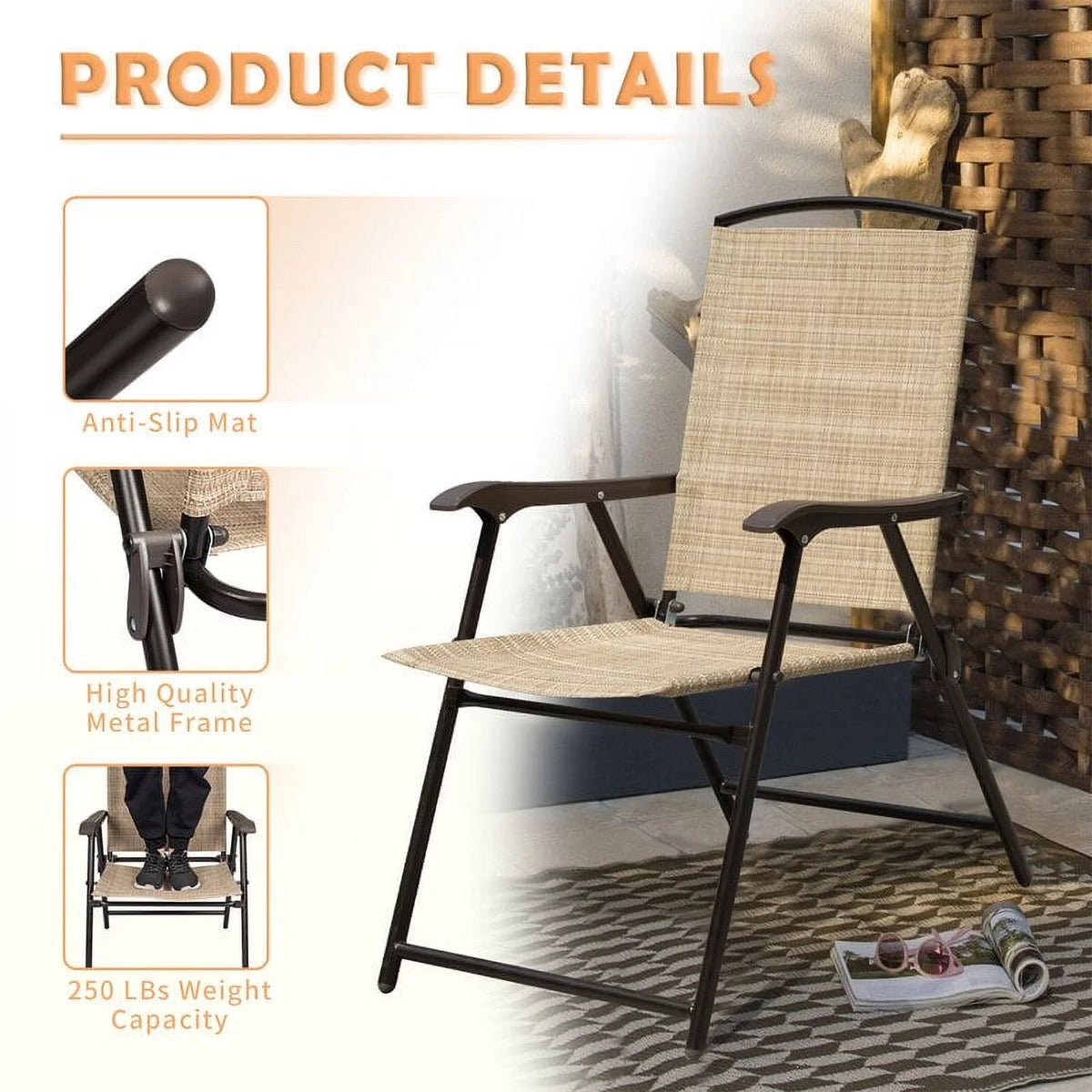 2 Pieces Beige Patio Folding Chairs B54601