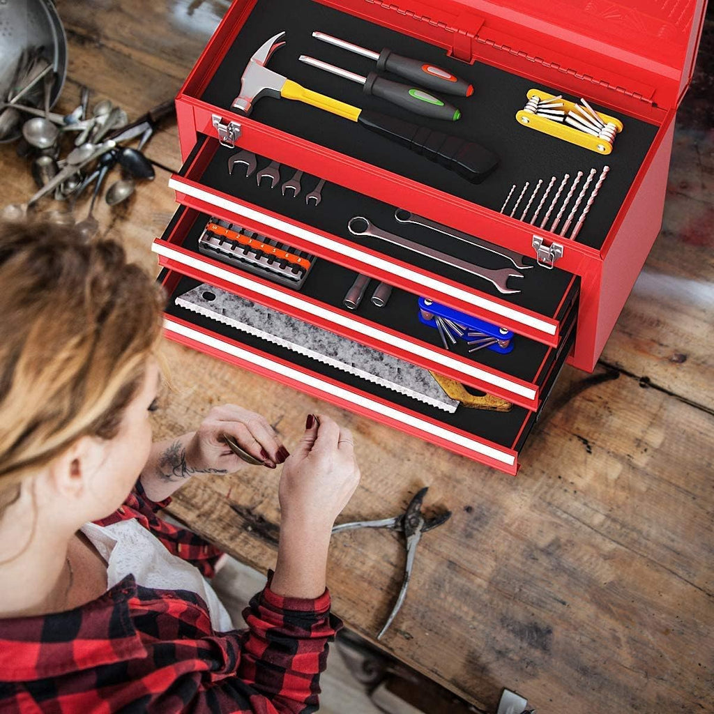 Red 3 Drawer Lockable Steel Tool Chest Cabinet with Top Tray S593250