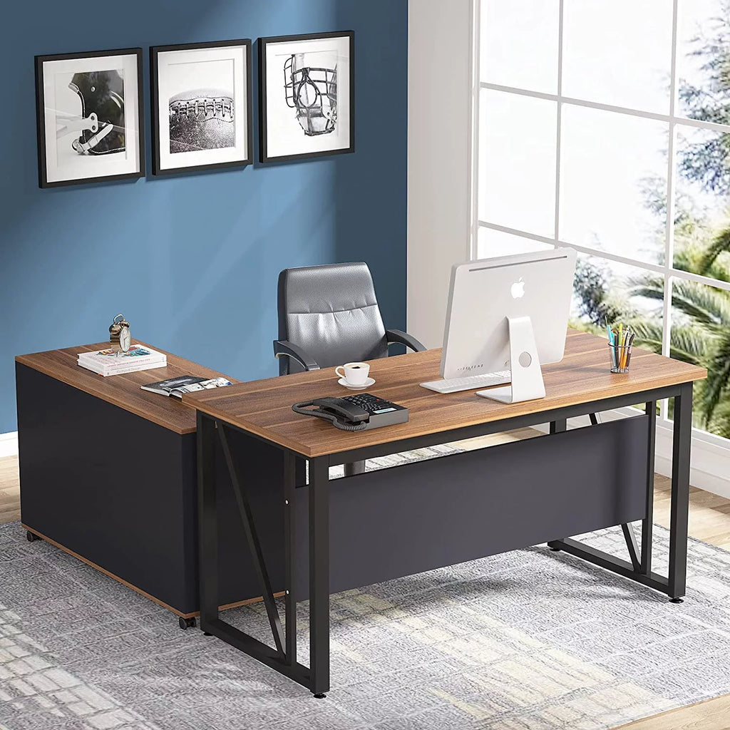 L-Shaped Computer Desk with File Cabinet and Storage Shelves F686