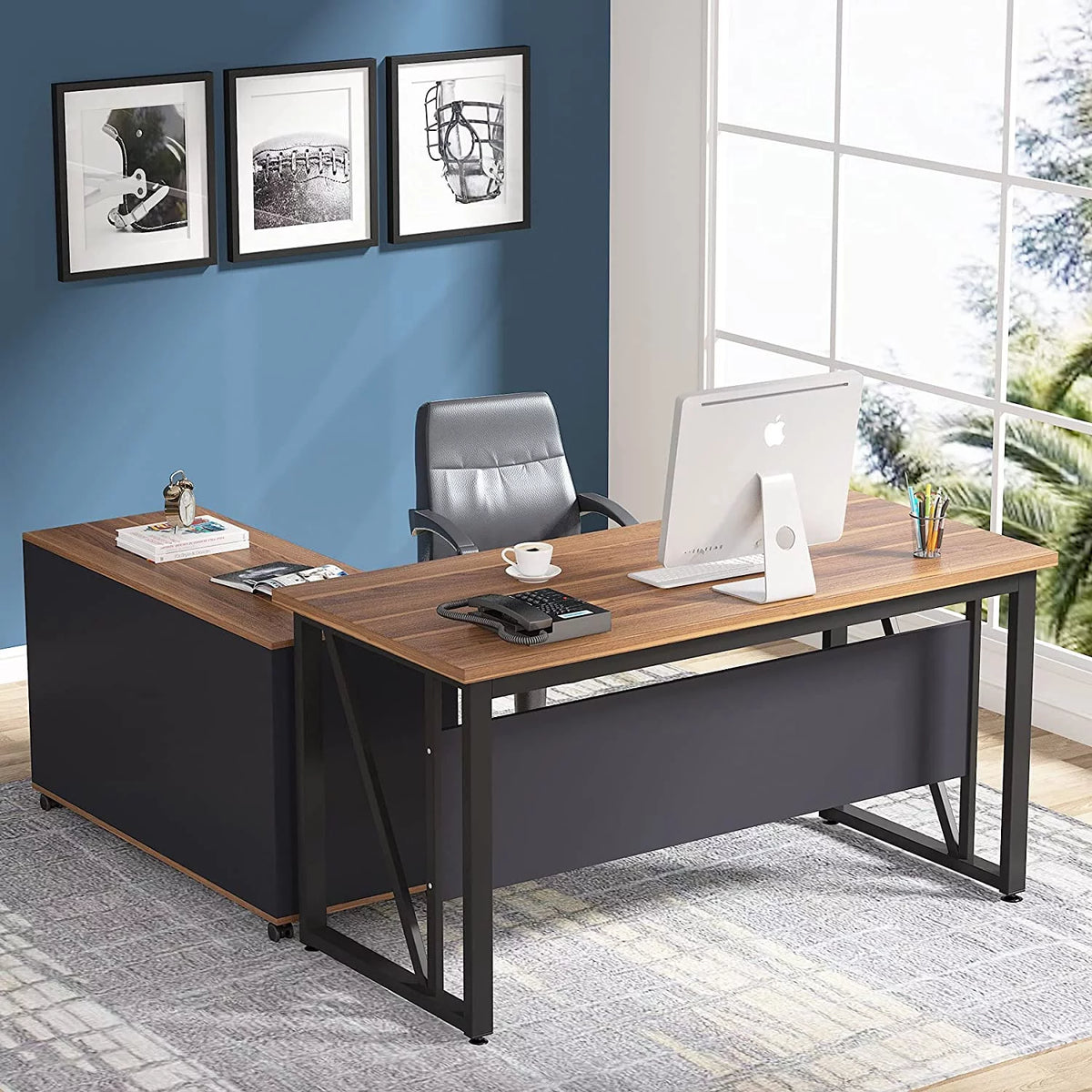 L-Shaped Computer Desk with File Cabinet and Storage Shelves F686