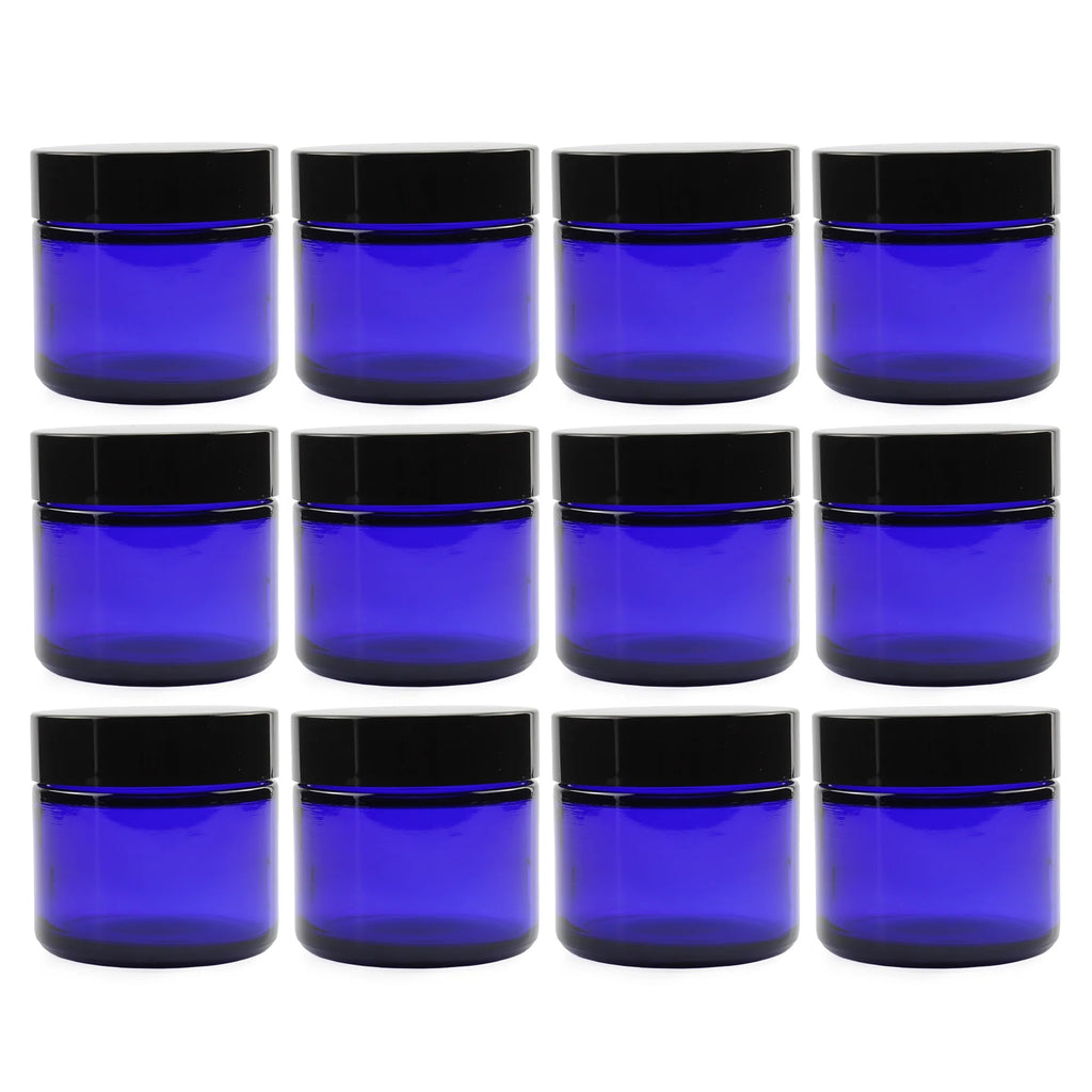 2 oz Cobalt Blue Glass Cosmetic Jars 12-Pack with Black Lined Lids V508