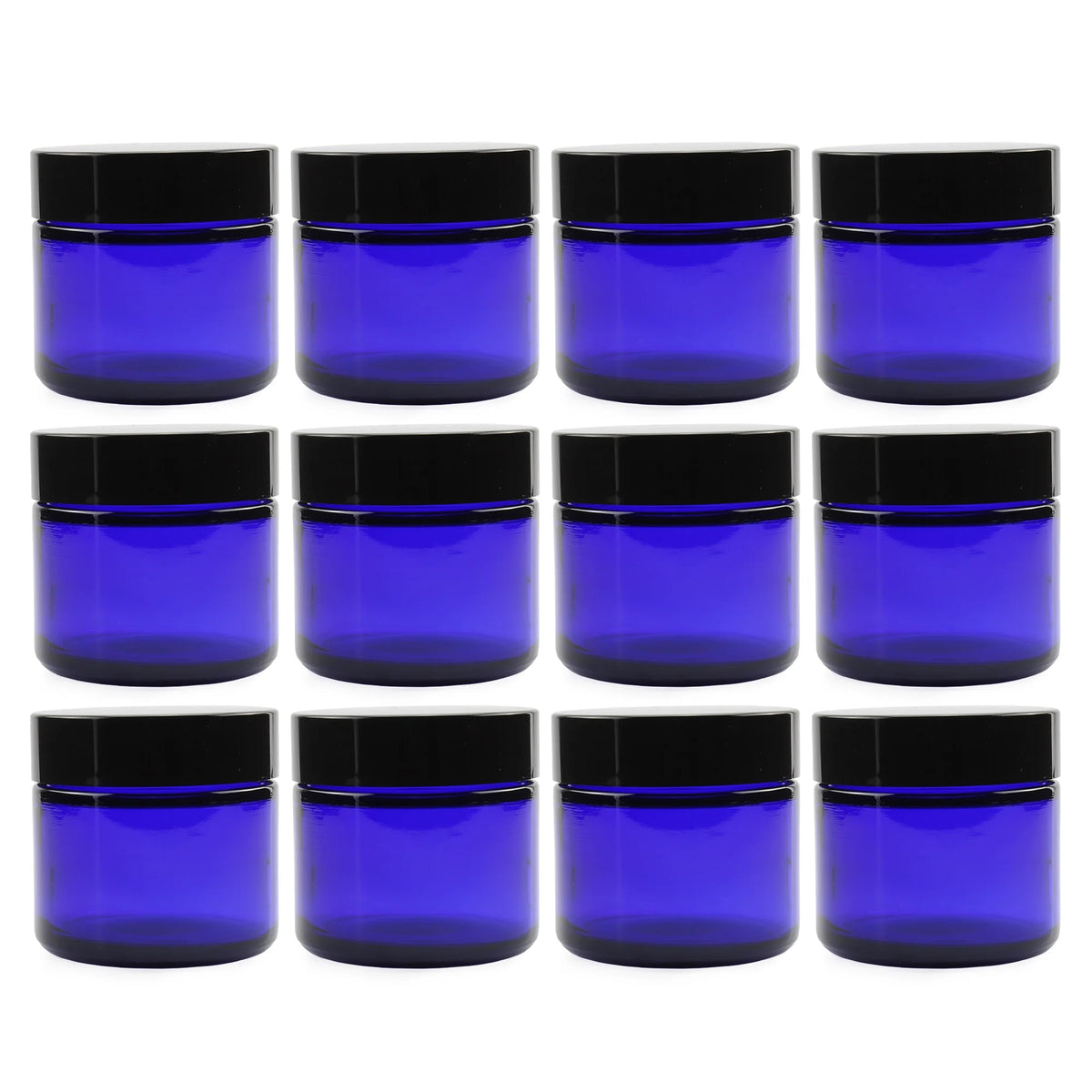 2 oz Cobalt Blue Glass Cosmetic Jars 12-Pack with Black Lined Lids V508