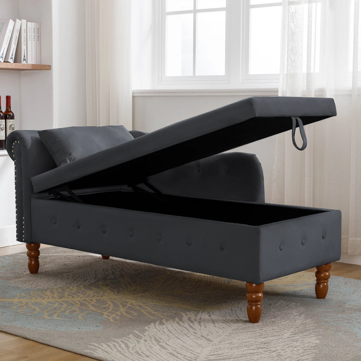 Black Velvet Chaise Lounge with Storage & Pillow U5129