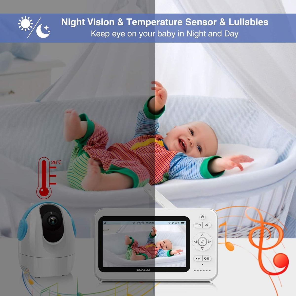 5 720P Baby Monitor with Camera and Audio Night Vision V111