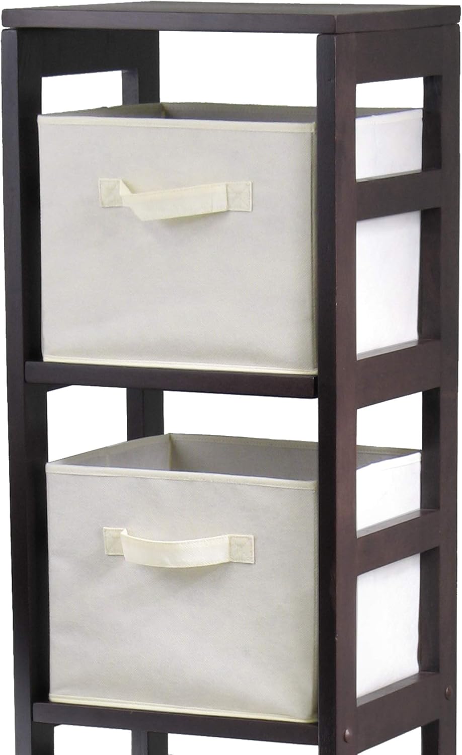 Wood 4 Section Storage Shelf with 4 Beige Fabric Foldable Baskets O88426