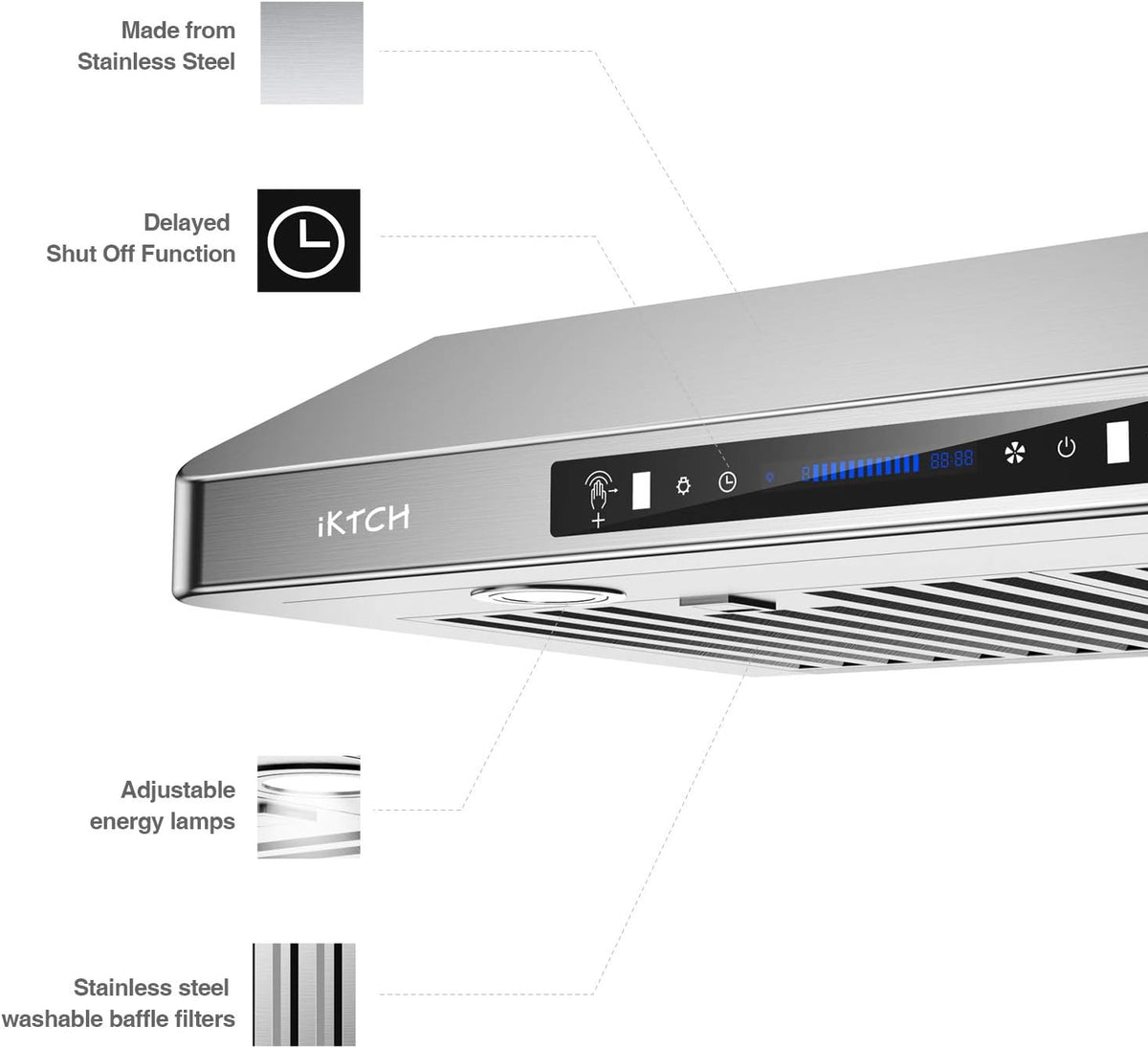 30 Inch Under Cabinet Range Hood with 900-CFM, 4 Speed Gesture Sensing&Touch Control Panel, Stainless Steel Kitchen Vent with 2 Pcs Baffle Filters J790