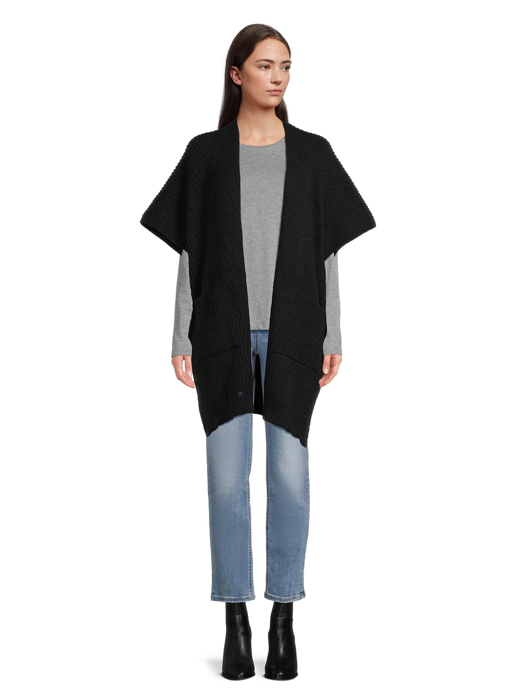 Ribbed Sweater Cape with Pockets K7258