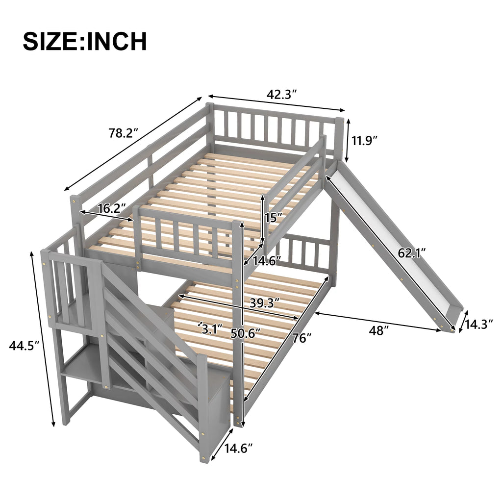 Gray Twin Over Twin Wooden Bunk Bed with Slide and Stairs L5432