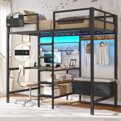 Twin Size Black Metal Loft Bed with Desk and Storage Q421