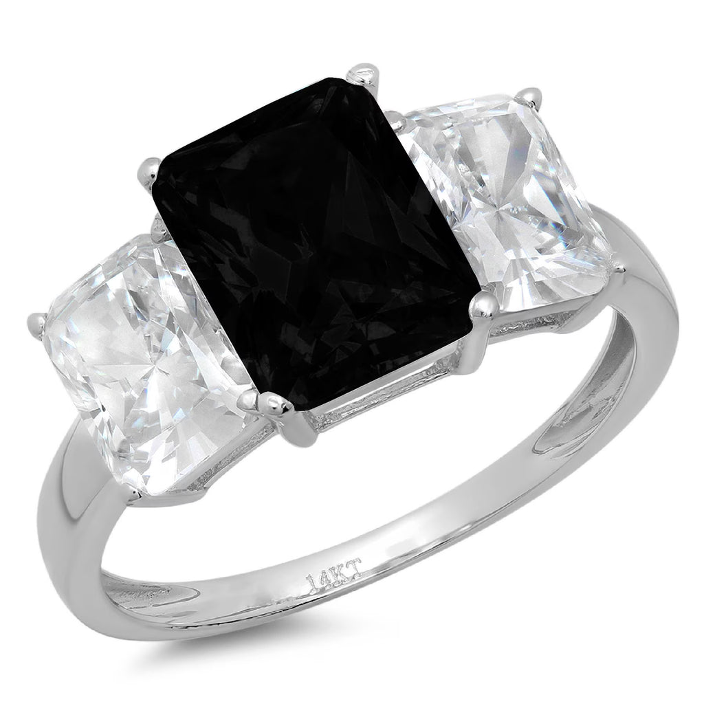 Emerald Cut Black Onyx 14k White Gold 3 Stone Ring Size 10 P418069
