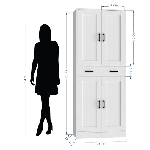 White 71" Tall Wooden Kitchen Storage Cabinet with Doors and Drawer Y182