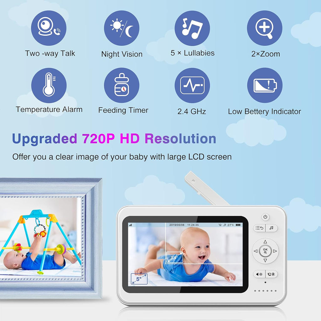 5 720P Baby Monitor with Camera and Audio Night Vision V111