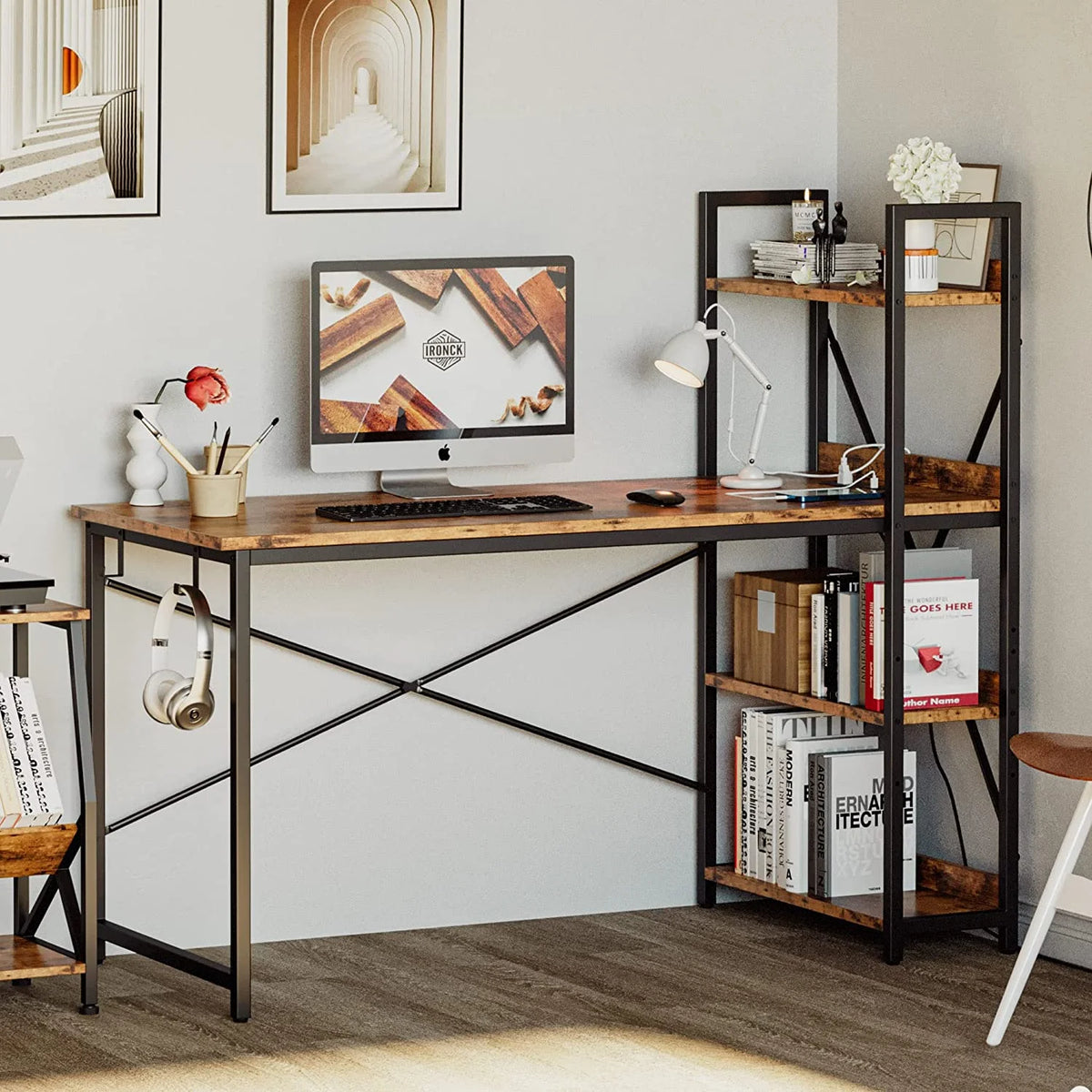55" Computer Desk with Power Outlet and Storage Shelves X118