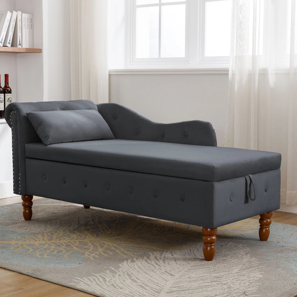 Black Velvet Chaise Lounge with Storage & Pillow U5129
