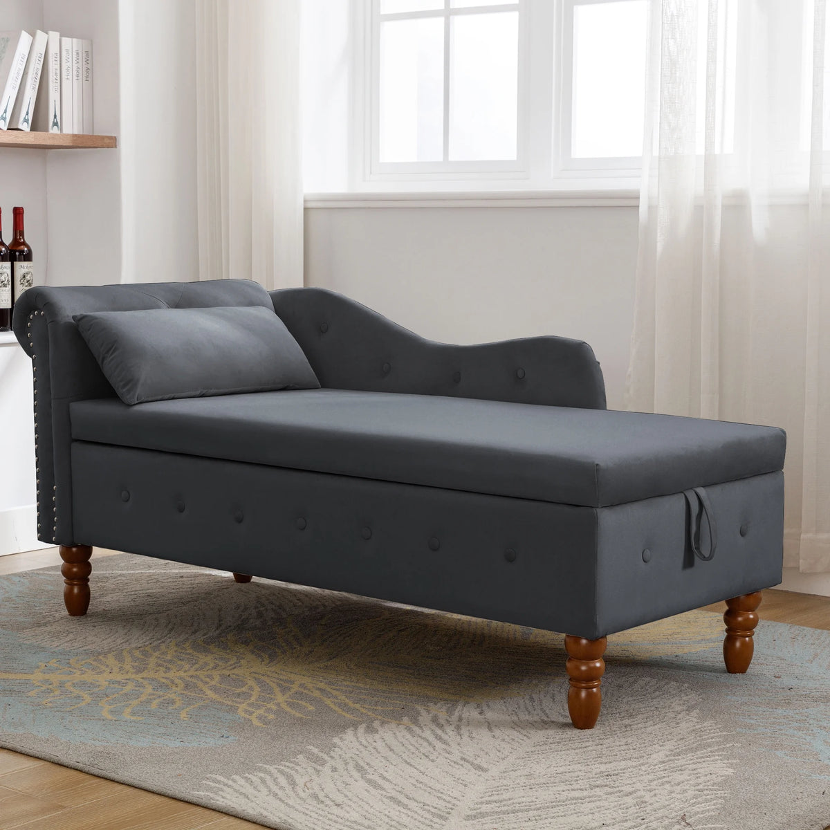 Black Velvet Chaise Lounge with Storage & Pillow U5129