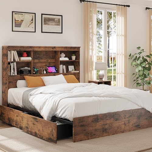 Full Size Wood Bed Frame with 4 Storage Drawers, Bookcase Headboard, Charging Station, Vintage Brown F71161