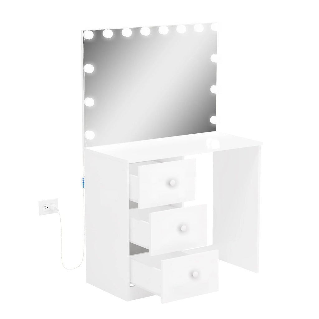 Modern Vanity Table with Light Bulbs 3 Drawers Wide Mirror White O36579