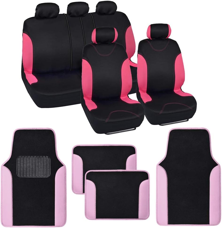 Red Accent Double Trim Car Seat Covers (2 Front 1 Bench) with Auto Carpet Floor Mats (4 Set) W384008