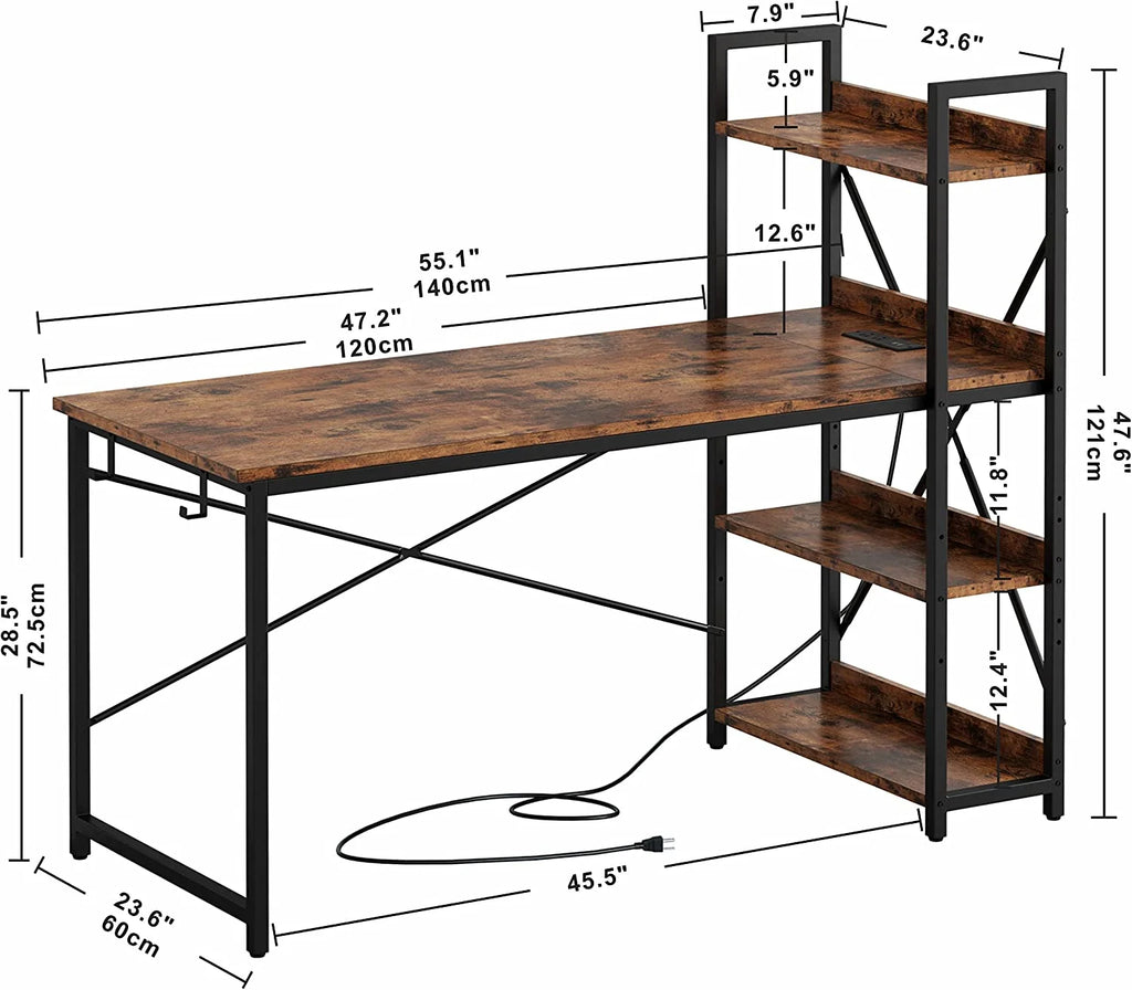 55" Computer Desk with Power Outlet and Storage Shelves X118
