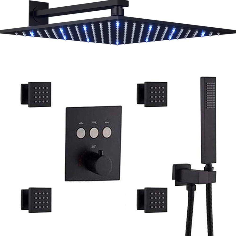 Black 12 Inch LED Rain Shower System With 4 PCS Body Sprays Handheld Shower Mixer Set Z82586
