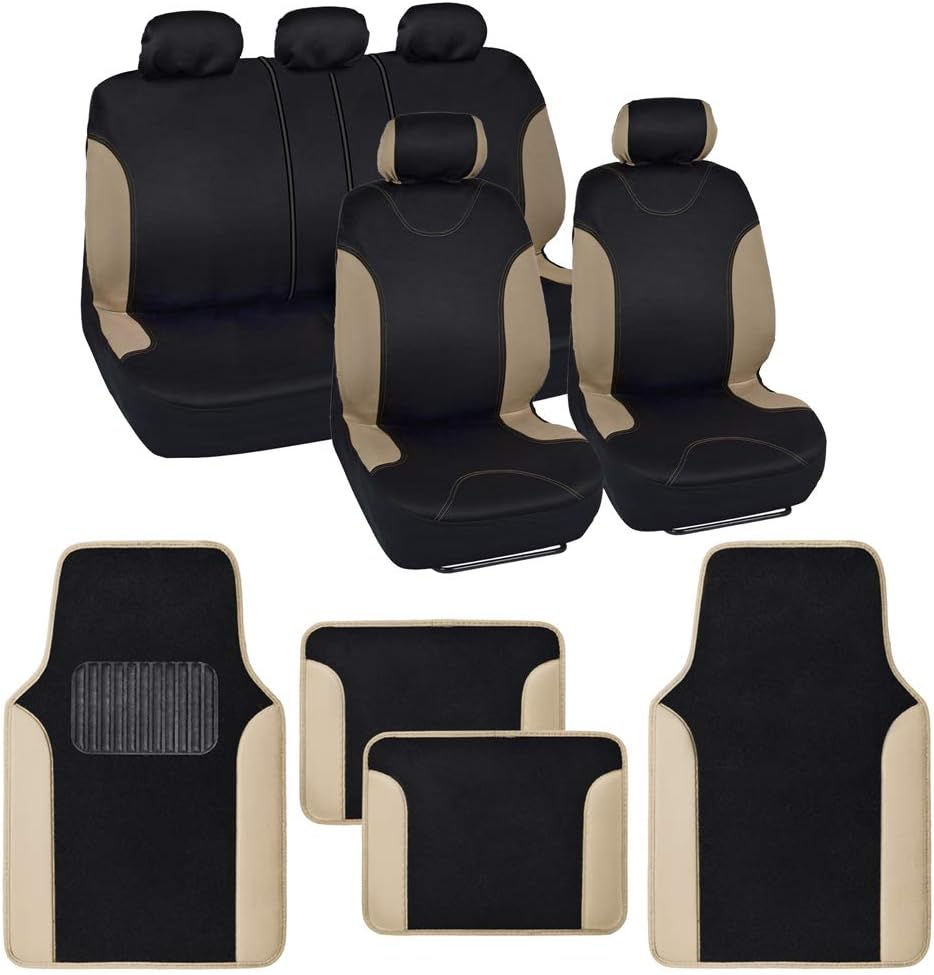 Red Accent Double Trim Car Seat Covers (2 Front 1 Bench) with Auto Carpet Floor Mats (4 Set) W384008