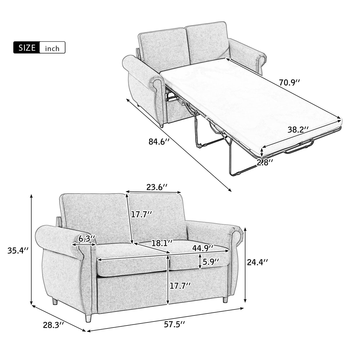57.5" Gray Pull Out Sofa Bed with Twin Size Memory Mattress C292159