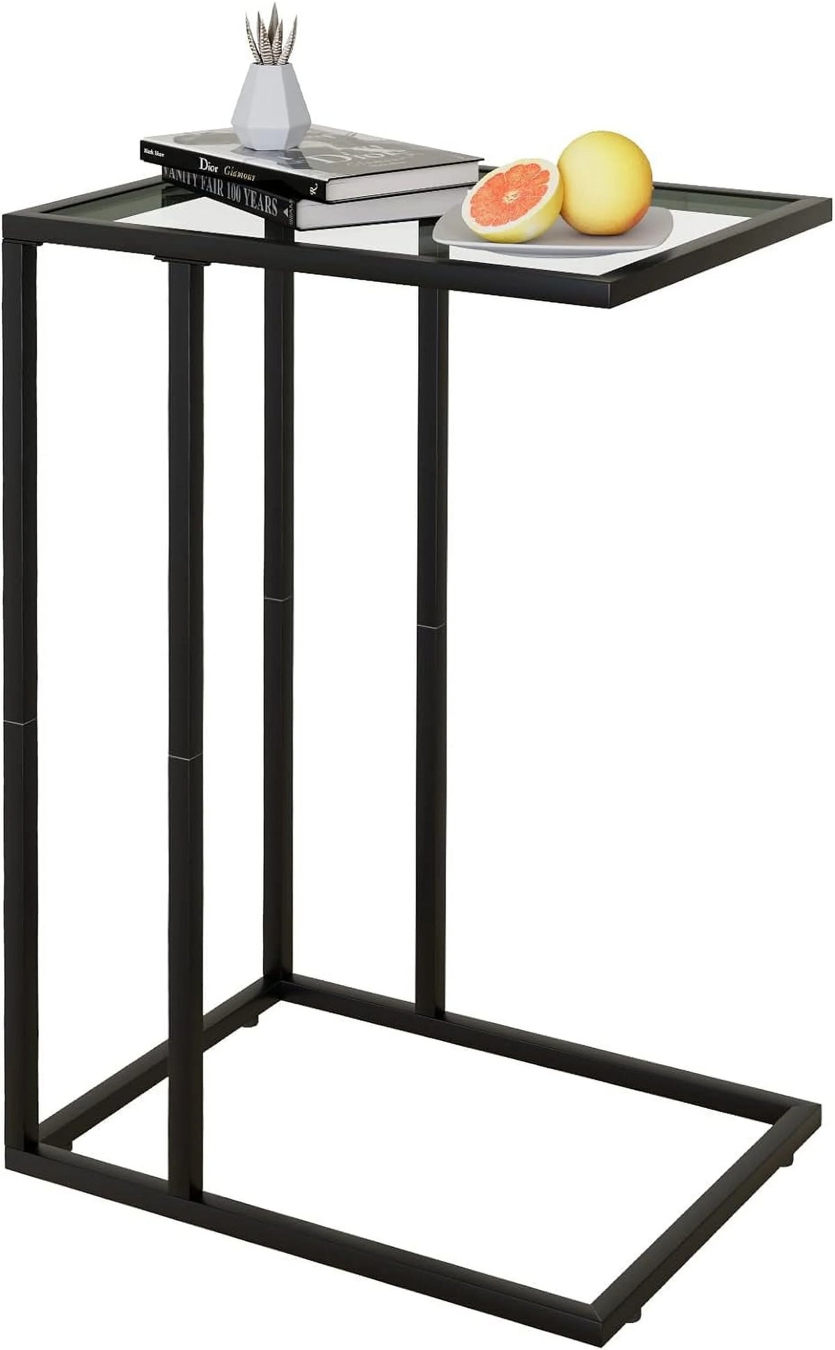 C Shaped Glass End Table with Metal Frame I58909