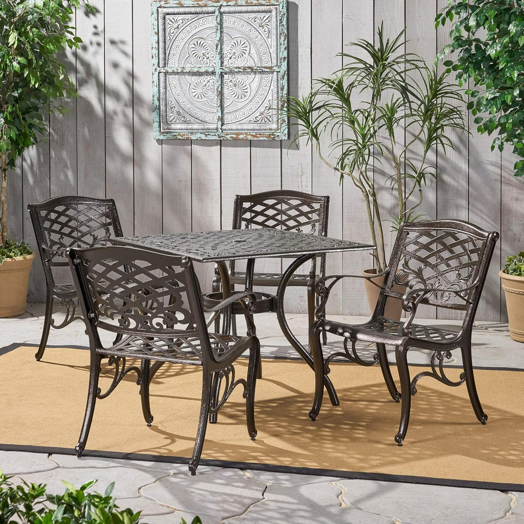 Hammered Bronze Cast Aluminum 5 Pcs Outdoor Dining Set I382973