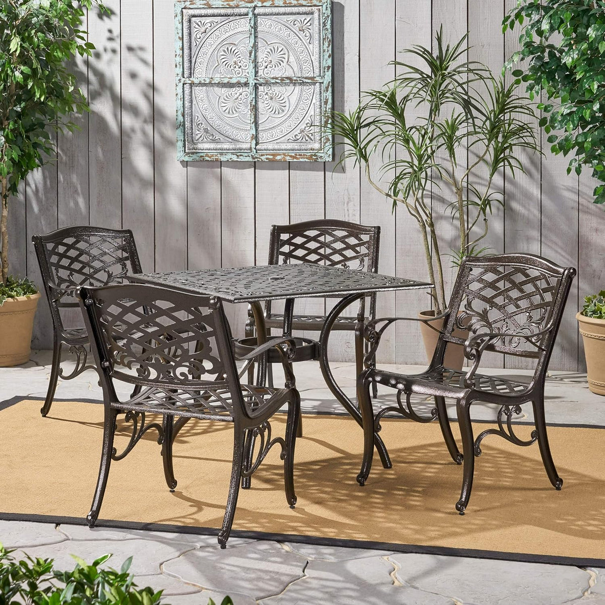 Hammered Bronze Cast Aluminum 5 Pcs Outdoor Dining Set I382973