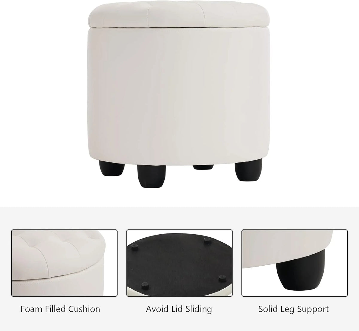 19" Round Storage Ottoman with Cover Lid Tufted PU Leather Fabric Ottoman N328
