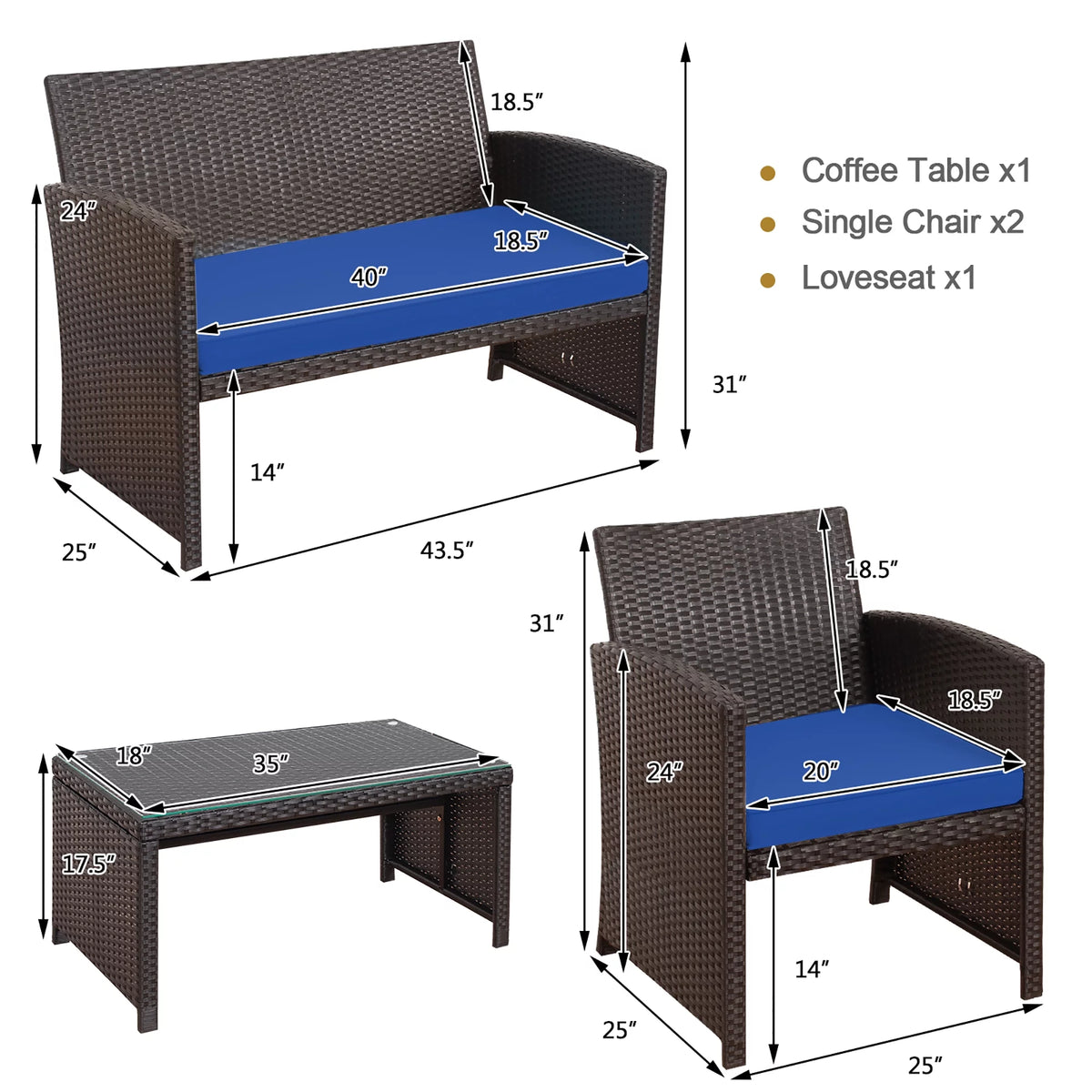 4 Pc White Patio Rattan Furniture Set Y983