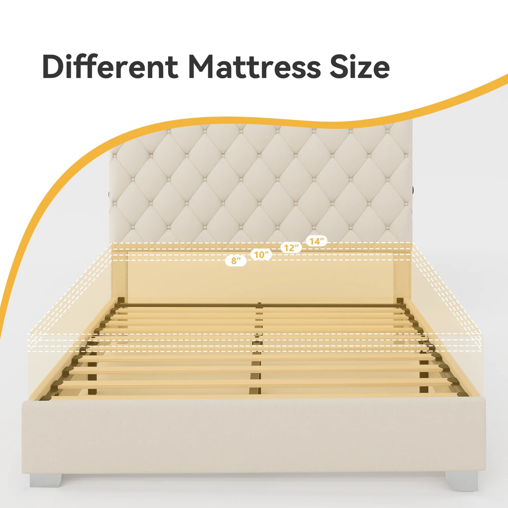 Beige Queen Size Upholstered Platform Bed Frame with Tufted Headboard Y698