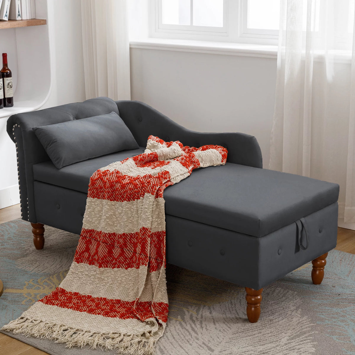 Black Velvet Chaise Lounge with Storage & Pillow U5129