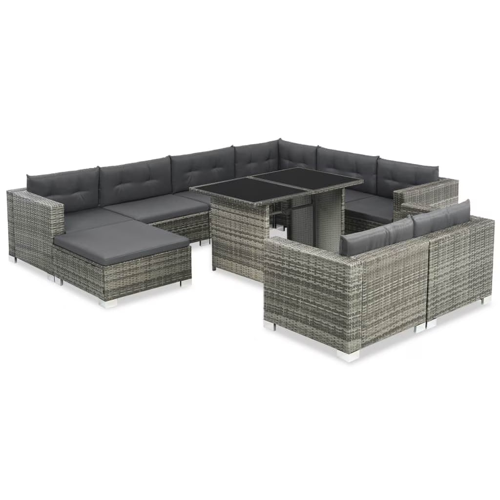 10 Piece Poly Rattan Gray Garden Set with Cushions W8235