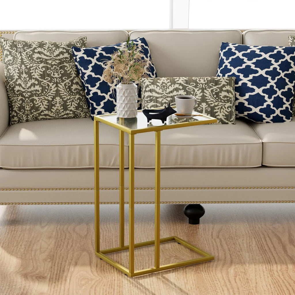 C Shaped Glass End Table with Metal Frame I58909