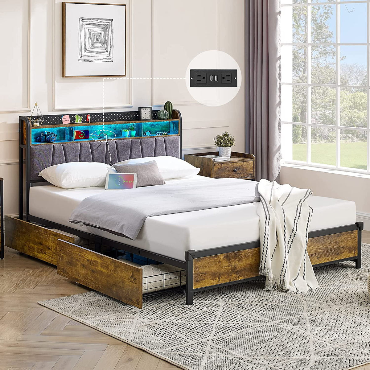 Full Size Metal Platform Bed Frame with 4 Storage Drawers T70260