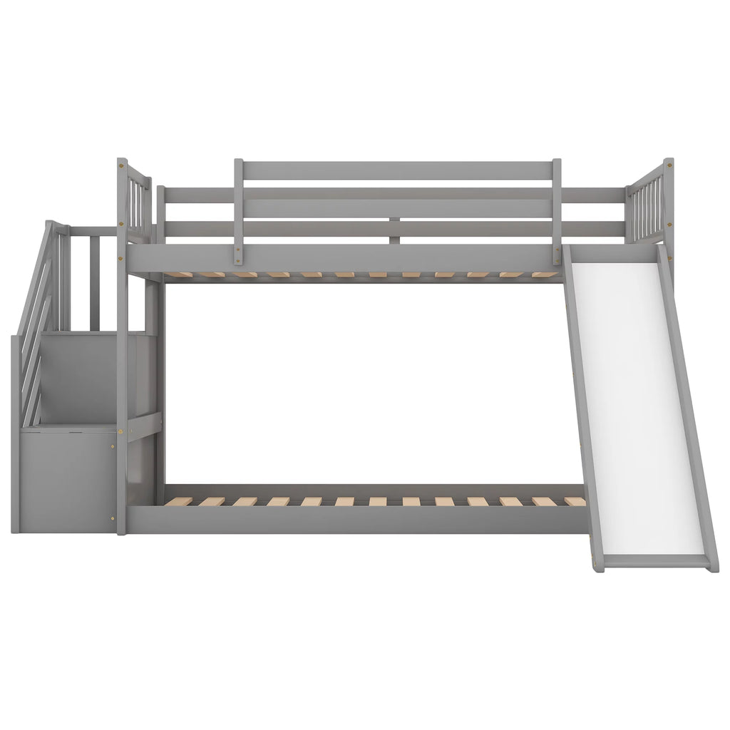 Gray Twin Over Twin Wooden Bunk Bed with Slide and Stairs L5432