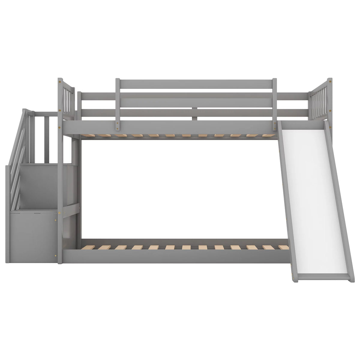 Gray Twin Over Twin Wooden Bunk Bed with Slide and Stairs L5432