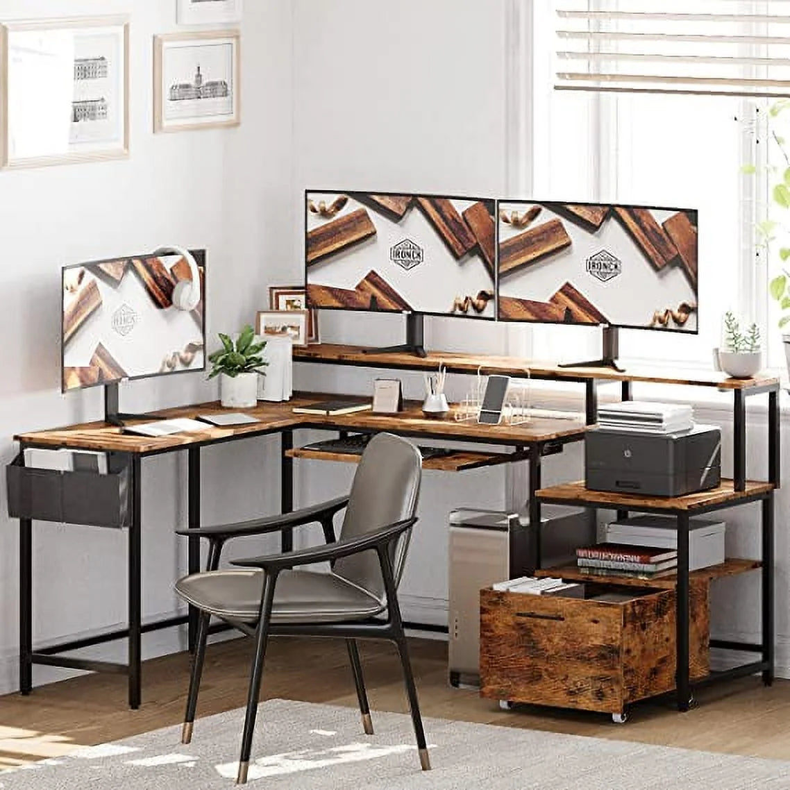 L Shaped Corner Desk with Power Outlet and File Drawer W722583