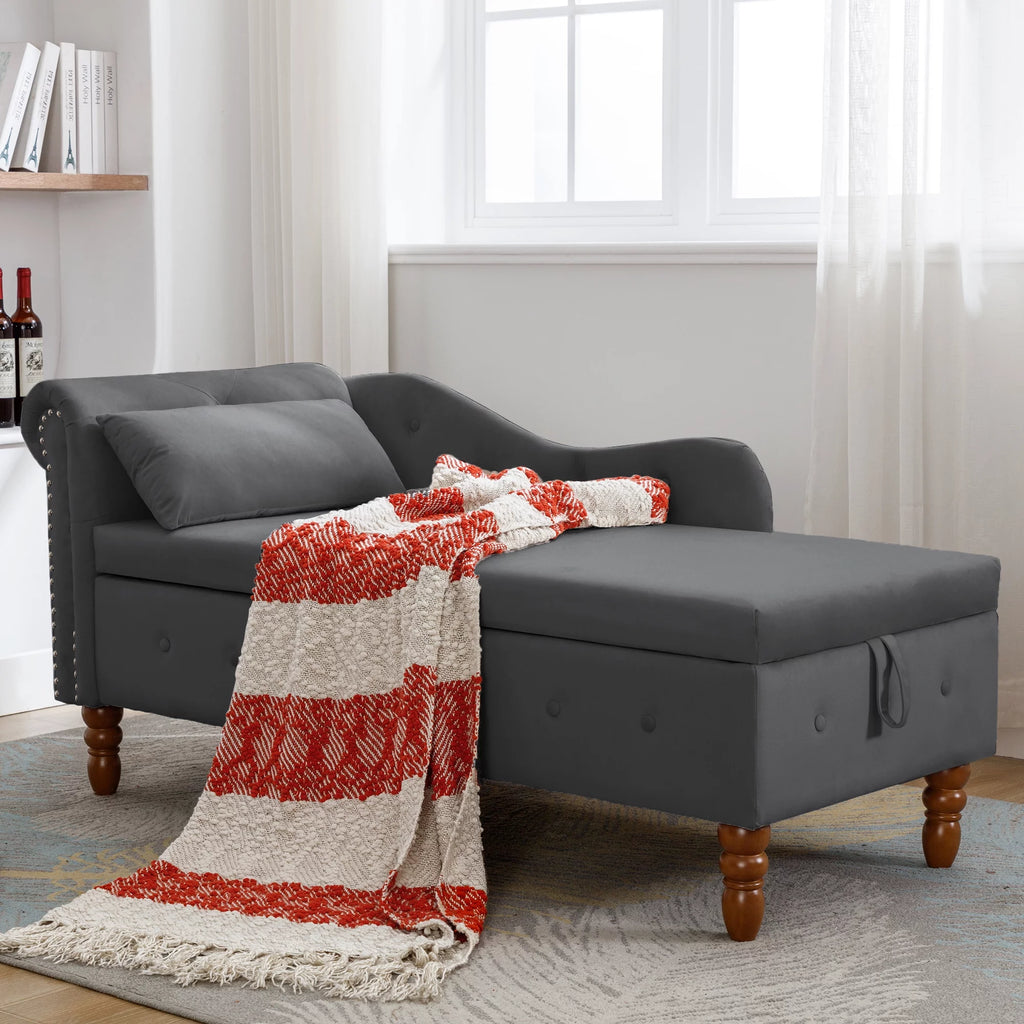 Black Velvet Chaise Lounge with Storage & Pillow U5129