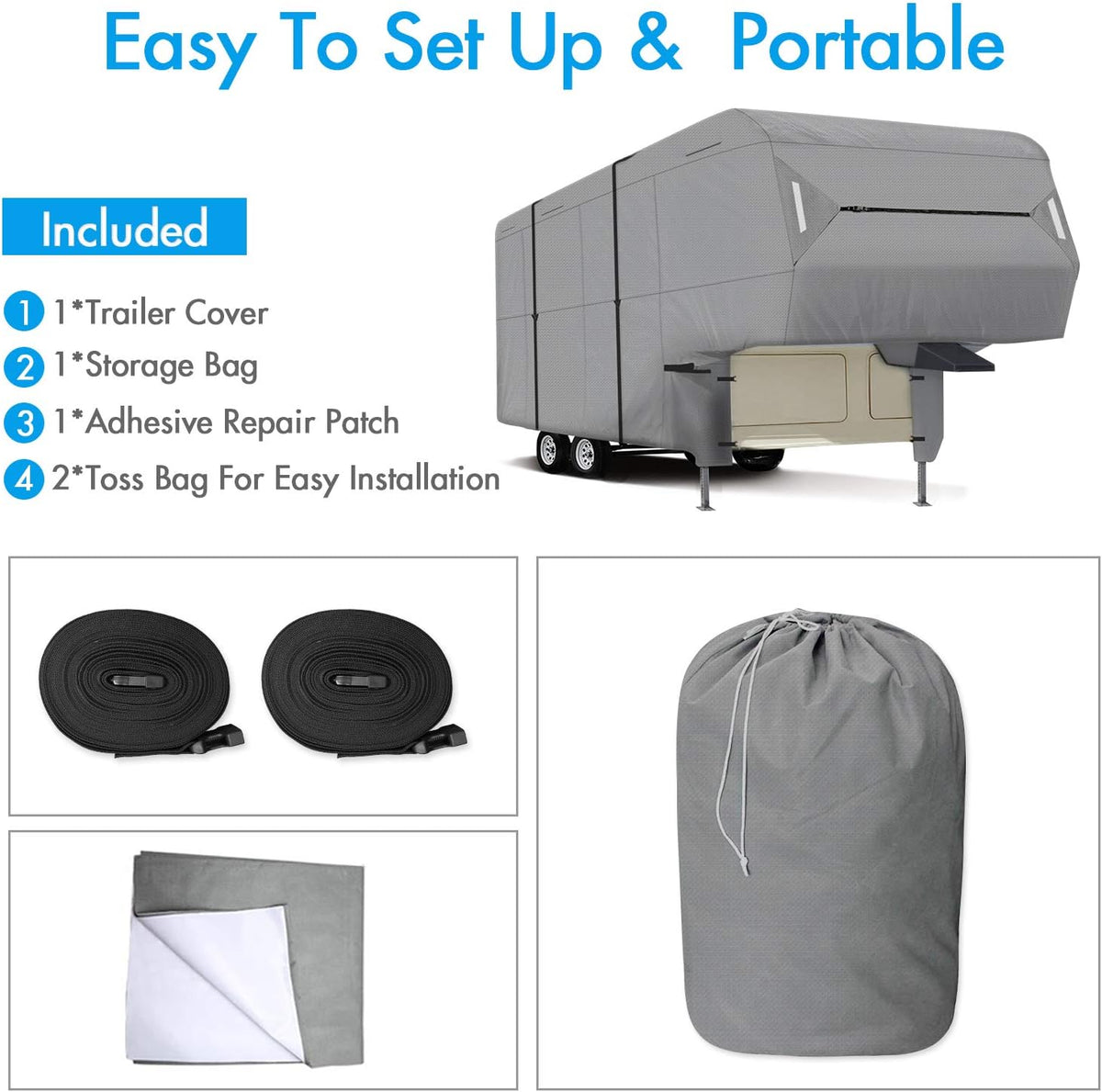 5th Wheel RV Cover 3-Ply Ripstop Waterproof with Steel Pole E628496