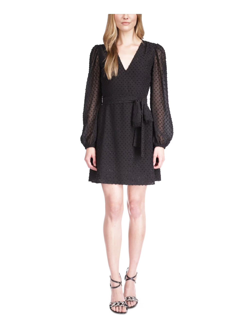 Black Long Sleeve Surplice Neckline Wrap Dress X302308