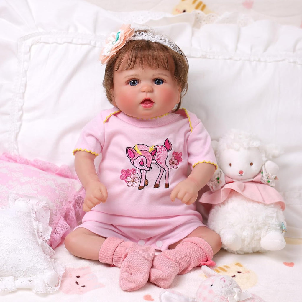 20 Inch Cloth Body Hand-Rooted Brown Hair Blue Eyes Poseable Reborn Baby Doll Z4149