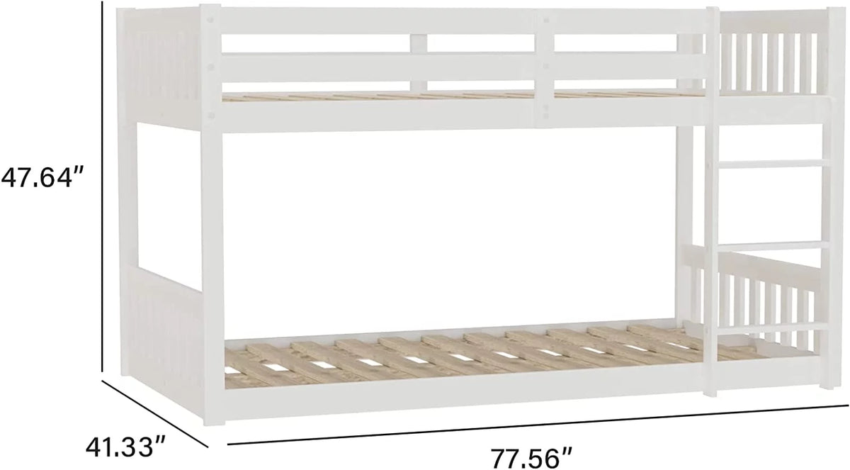 White Wood Twin Over Twin Bunk Bed with Guardrails & Ladder N873