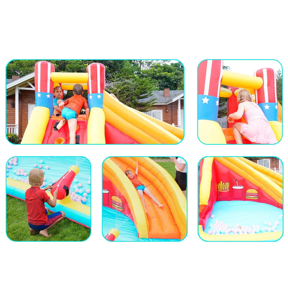 Inflatable Water Slide Splash Toy with Climbing Wall, Splash Pool, Water Cannon, Blower, Sprinkler, Stakes, Repair Patches, Storage Bag U64735
