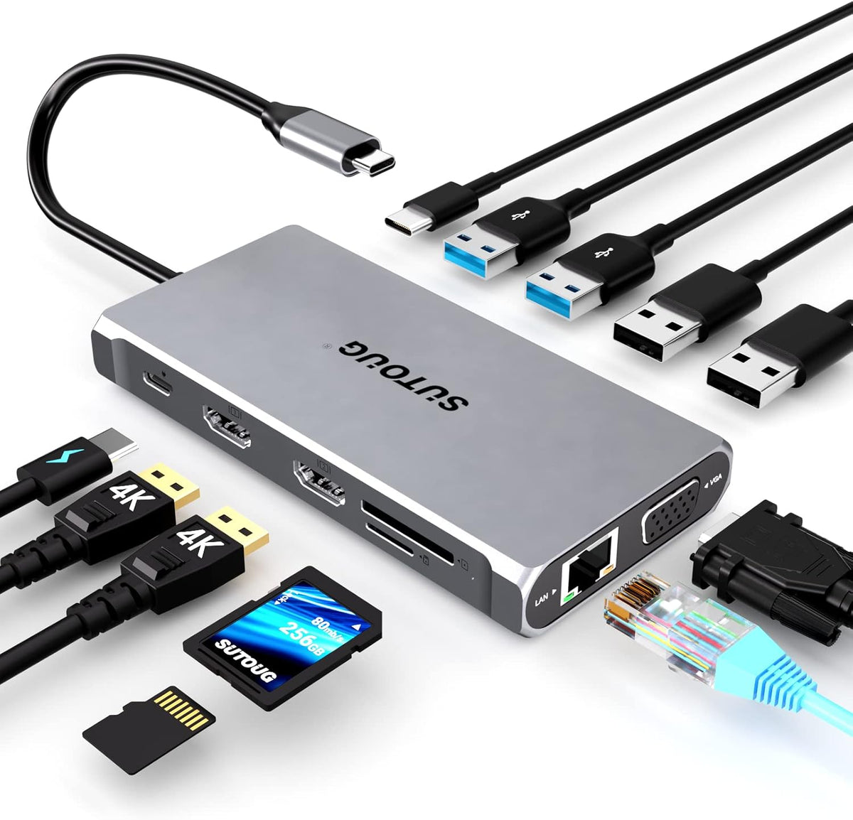 12 in 1 USB C Hub with Dual HDMI 4K VGA Ethernet PD 3.0 USB-C 3.0 TF/SD Card Slot U615243