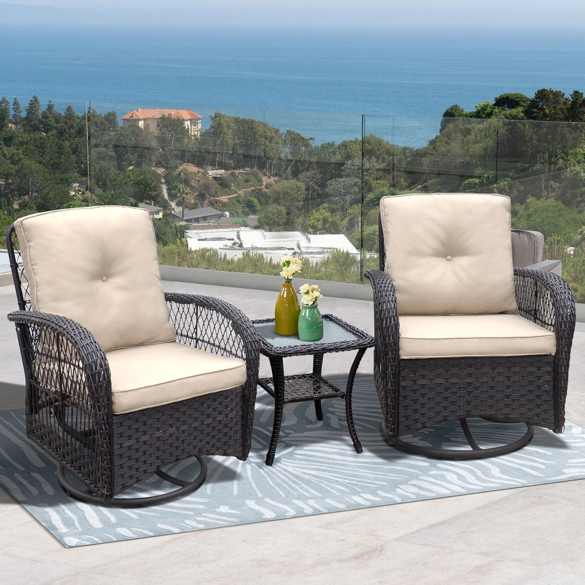 Khaki Wicker Swivel Rocker Chairs with Table D171