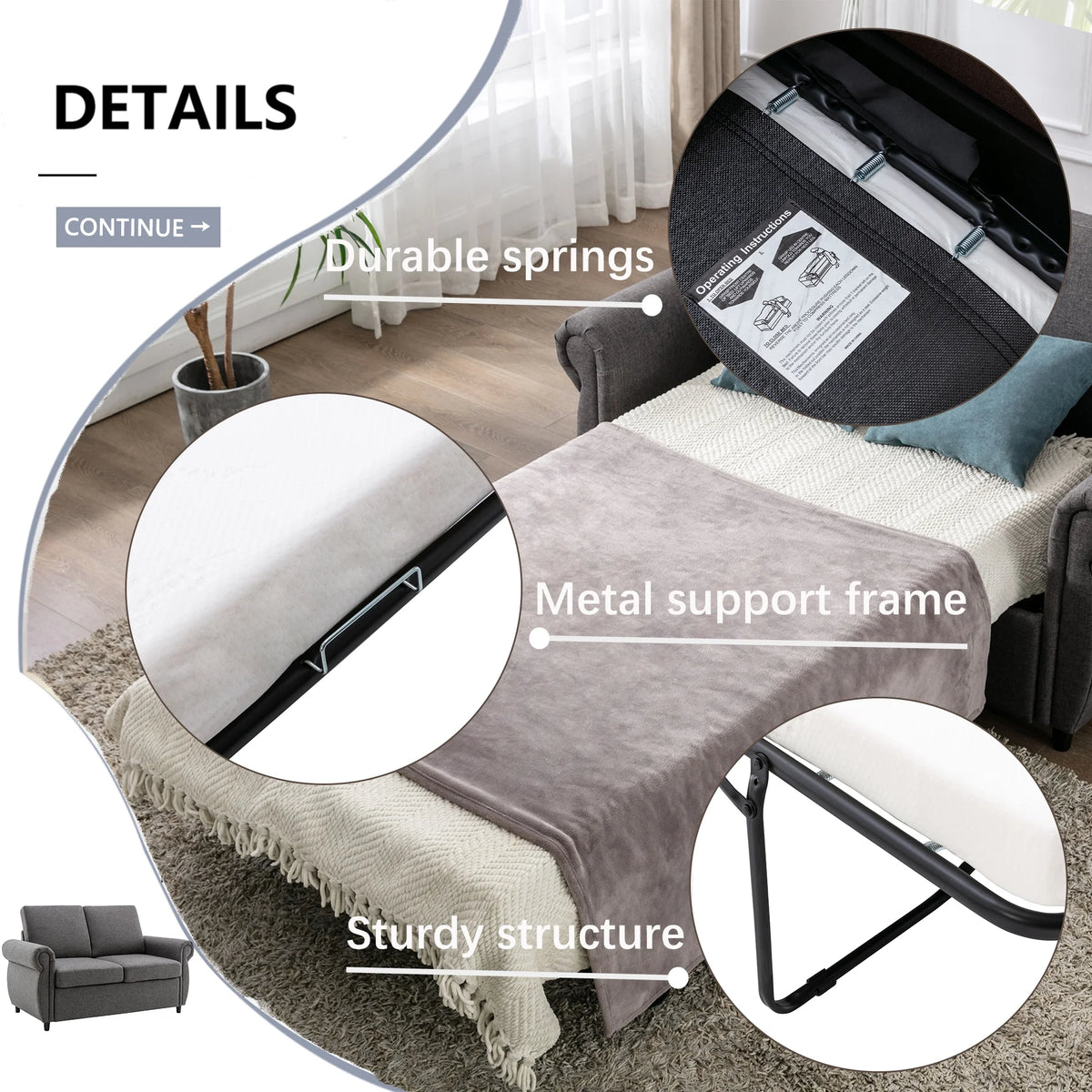 57.5" Gray Pull Out Sofa Bed with Twin Size Memory Mattress C292159