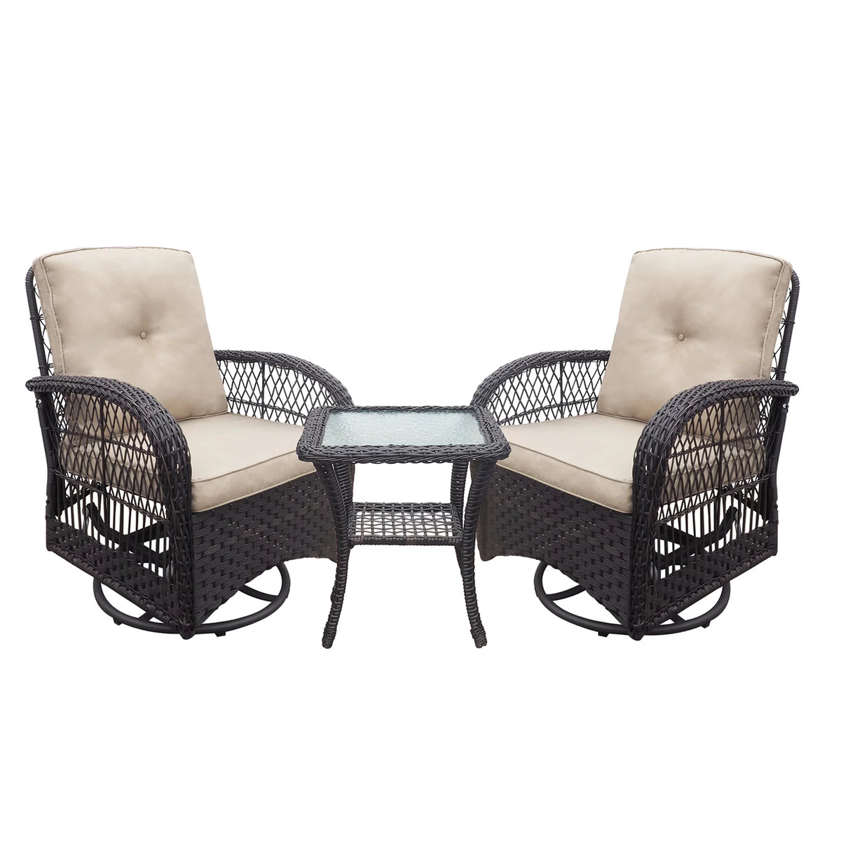 Khaki Wicker Swivel Rocker Chairs with Table D171